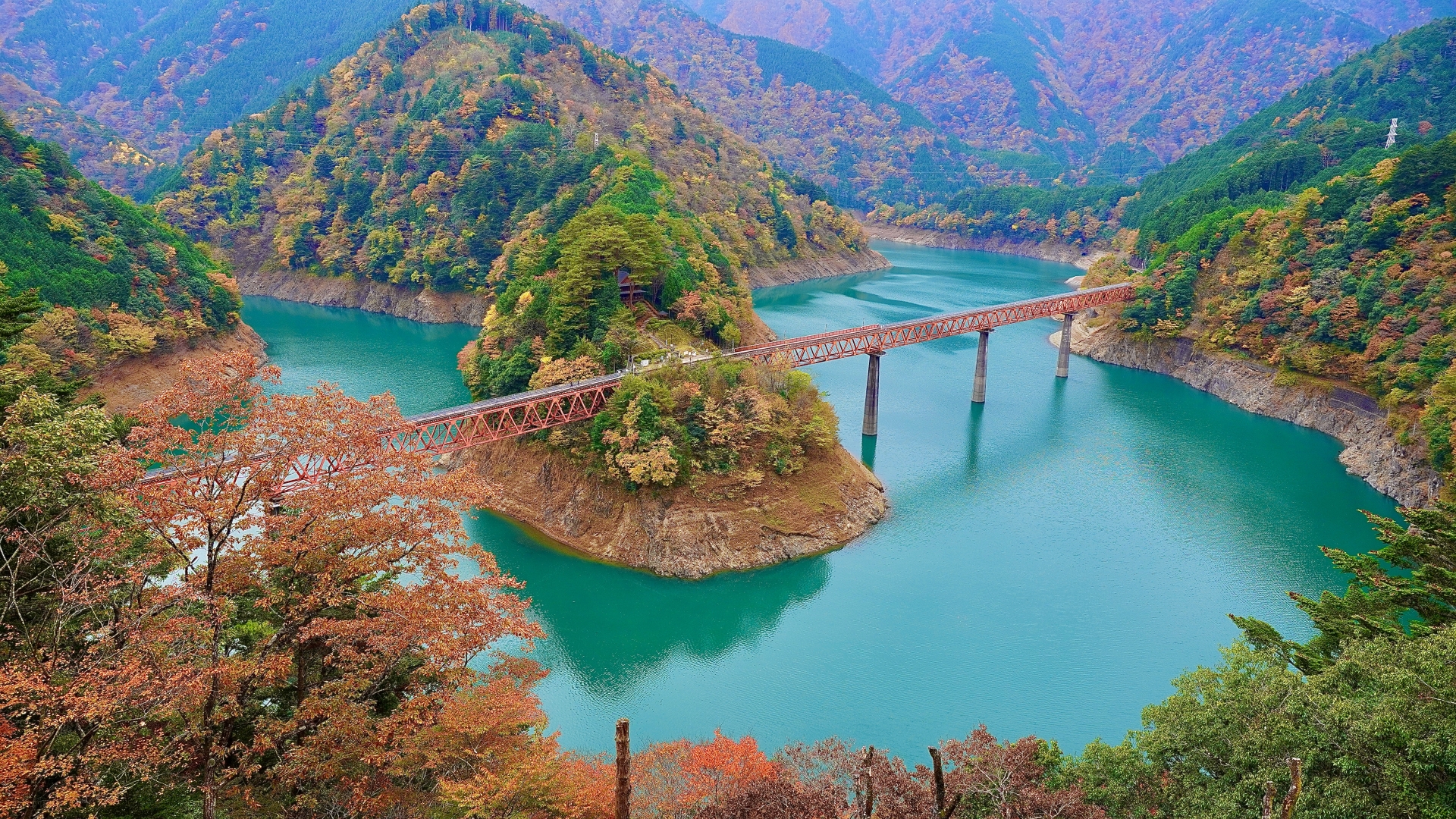 大井川鐵道井川線奥大井湖上駅の紅葉の風景