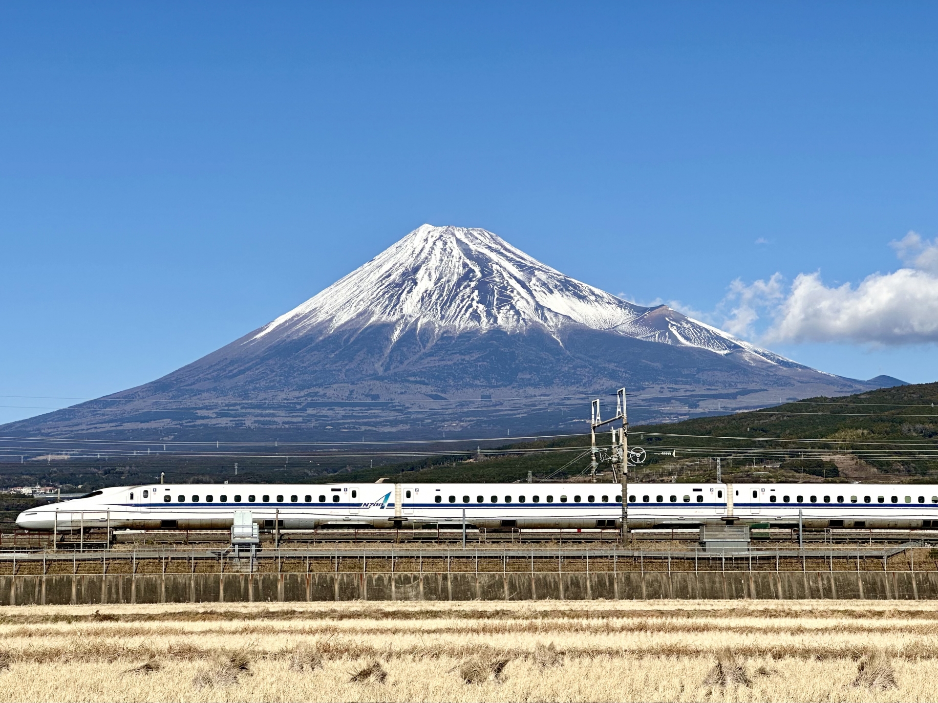 新幹線と冬の富士山