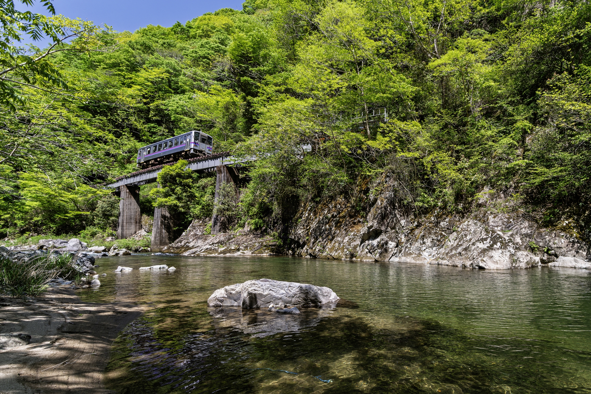 芸備線を走るキハ120形気動車と渓谷の風景