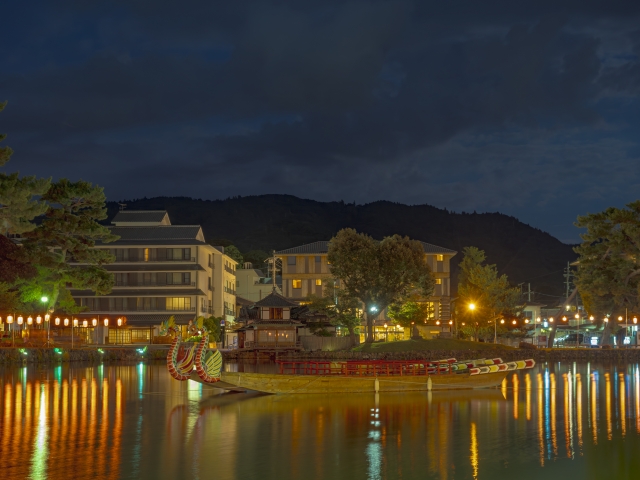 夜の奈良公園猿沢池