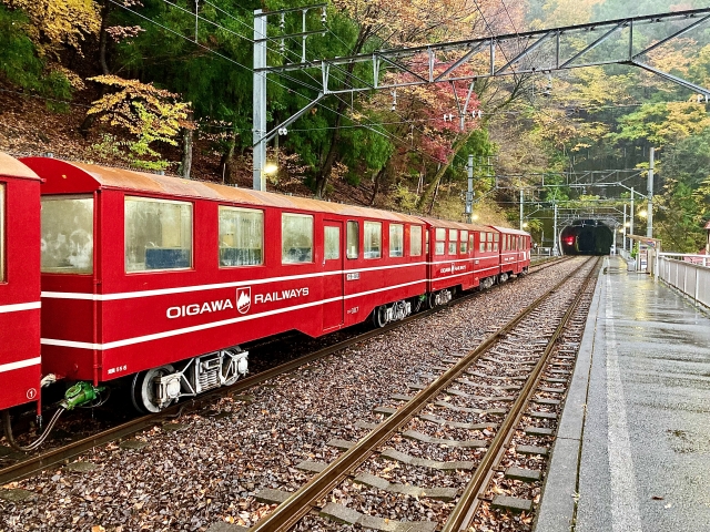 長島ダム駅に停車する井川線のトロッコ列車